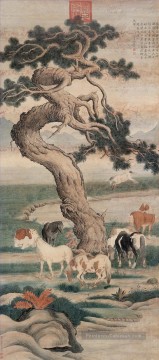 Lang brillant huit chevaux sous l’encre de Chine vieux arbre Giuseppe Castiglione Peinture à l'huile
